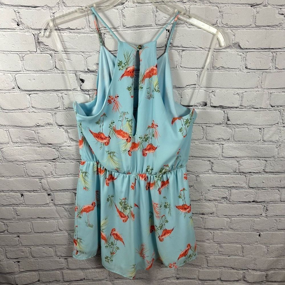 Everly Romper Blue with Flamingos Surplice Front Spaghetti Straps Summer L - Picture 2 of 8